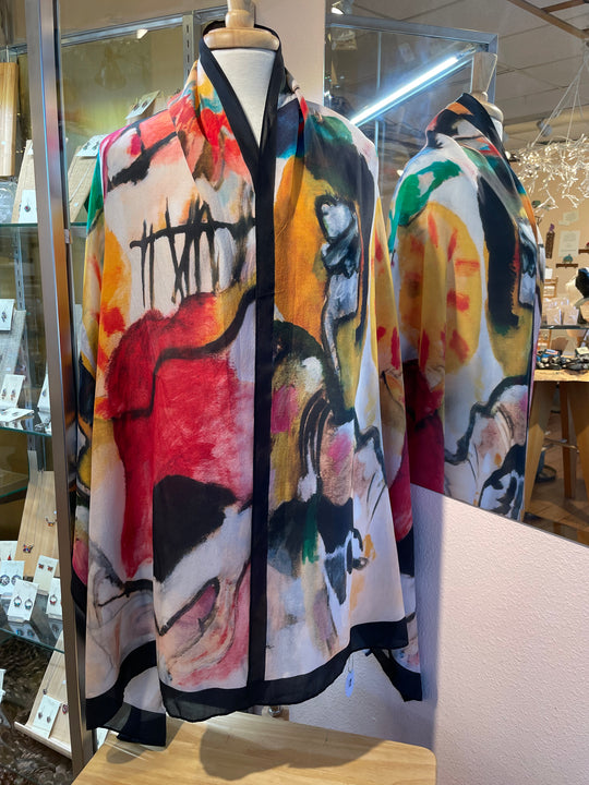 Silk scarves and wraps with luscious art prints
