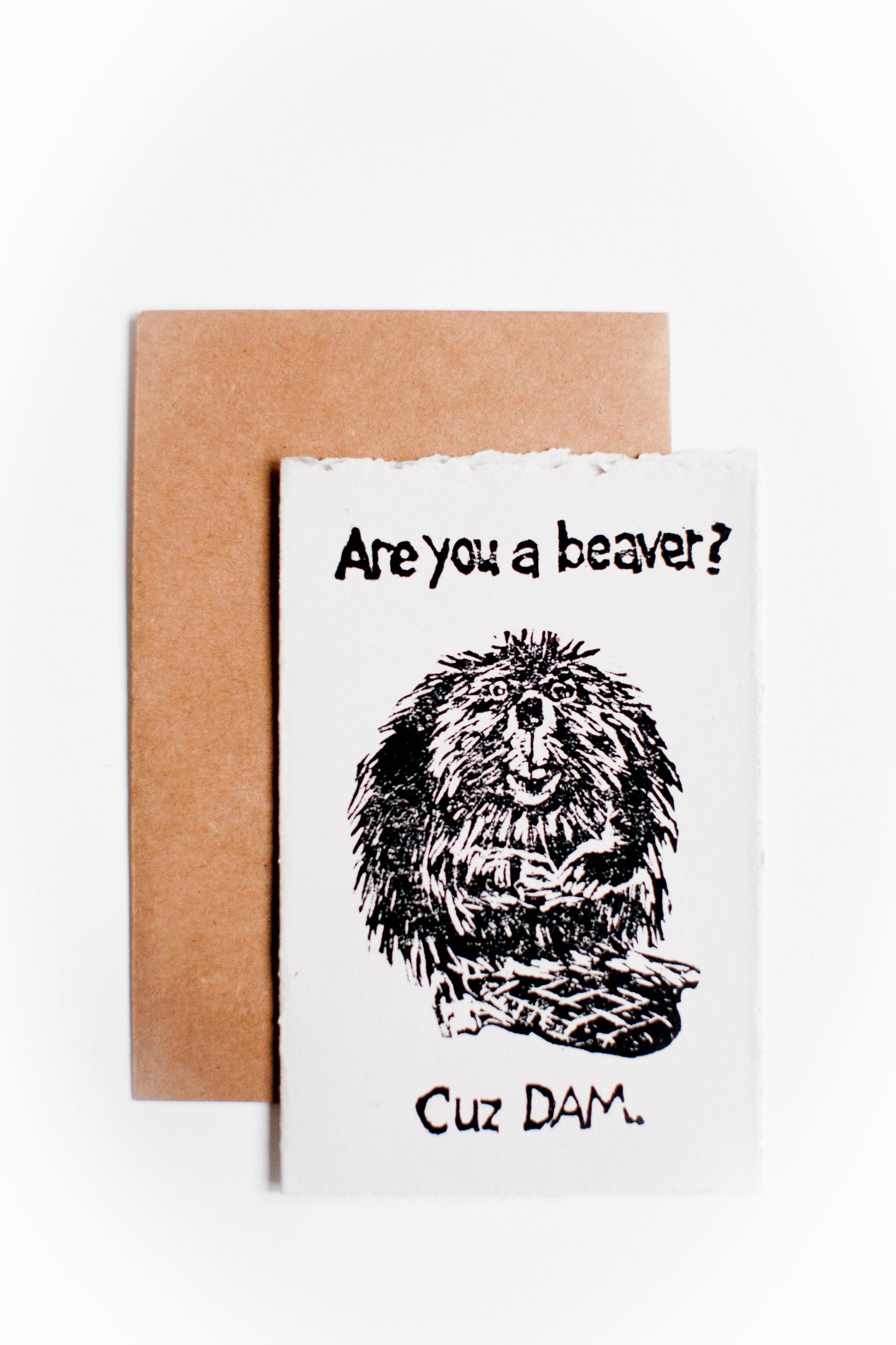 card and envelope, "are you a beaver? cuz dam" picture of beaver"