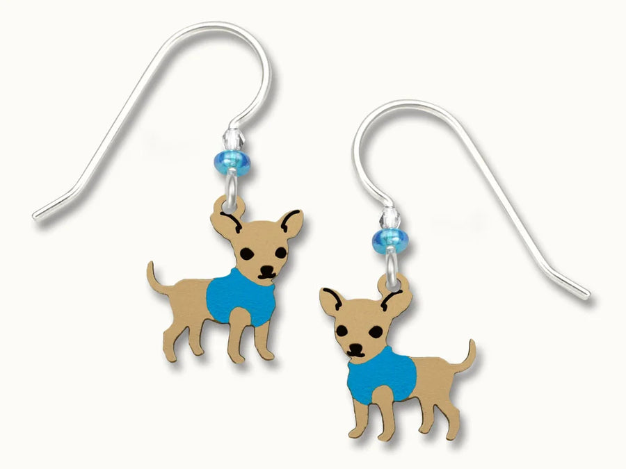 chihuahua in blue coat earrings