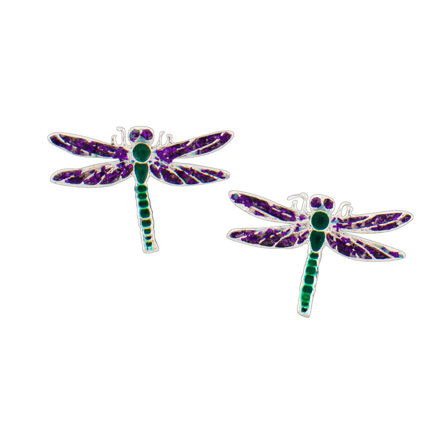 Green and purple dragonfly post earrings, sterling silver