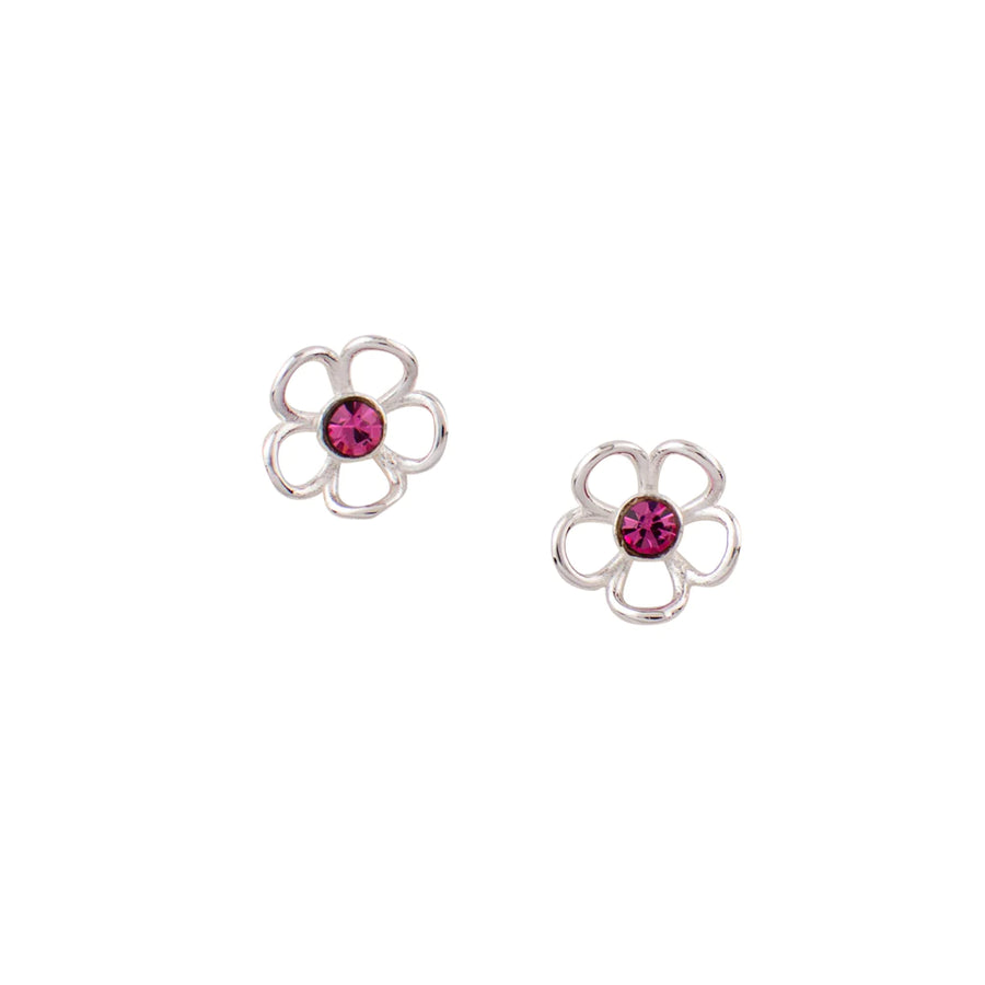 Wire flower with pink crystal post earrings, sterling silver