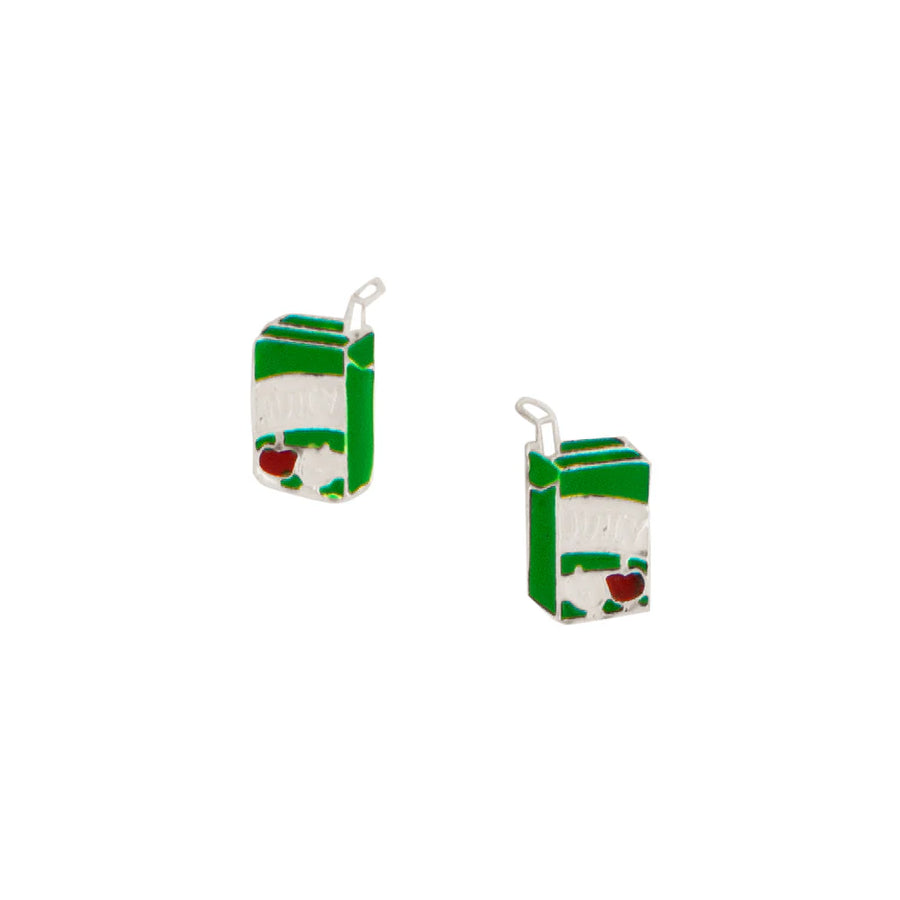 Juice box post earrings, enamel and sterling silver