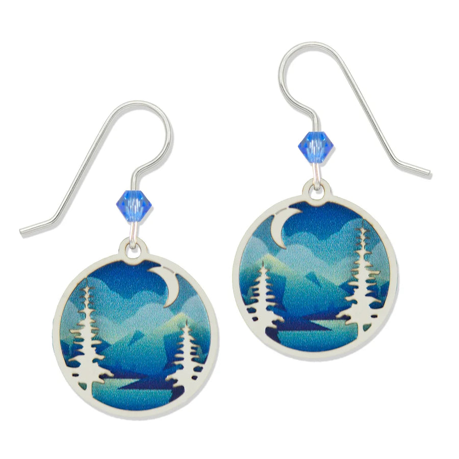 Blue and silver moon, trees & mountain earrings