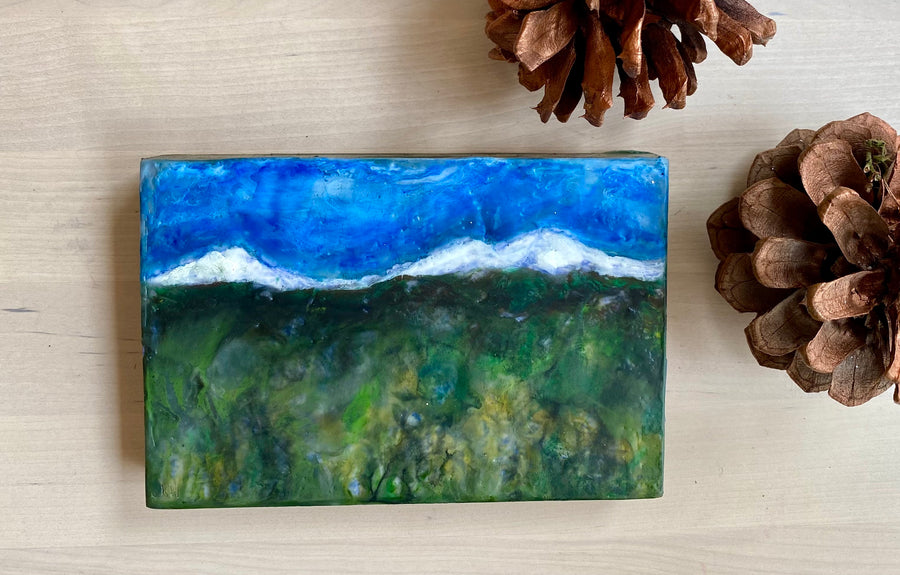 Encaustic painting of the Three Sisters Mountains, Sisters, Oregon 4x6