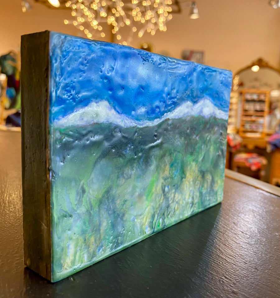 Encaustic painting of the Three Sisters Mountains, Sisters, Oregon 4x6