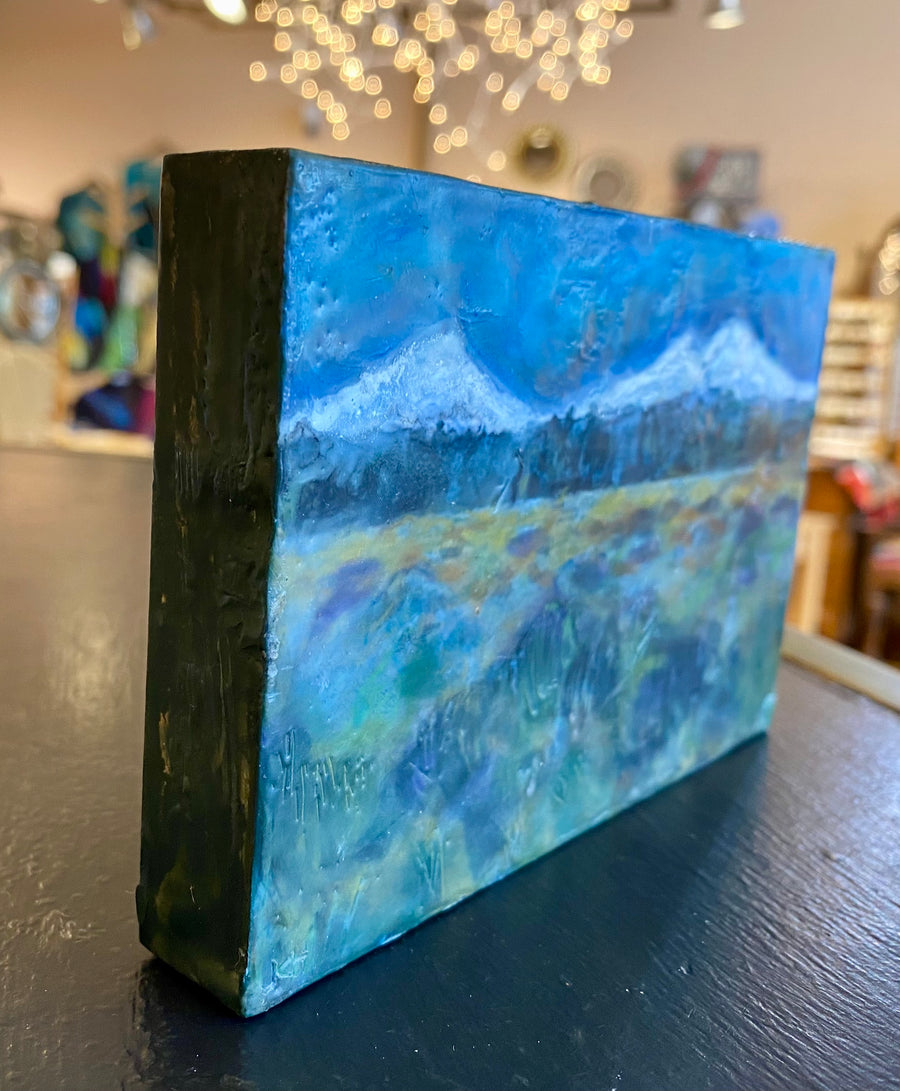 Encaustic painting Three Sisters Mountains 4"x6"x.75"