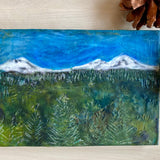 Encaustic painting Three Sisters Mountains with trees 7x5