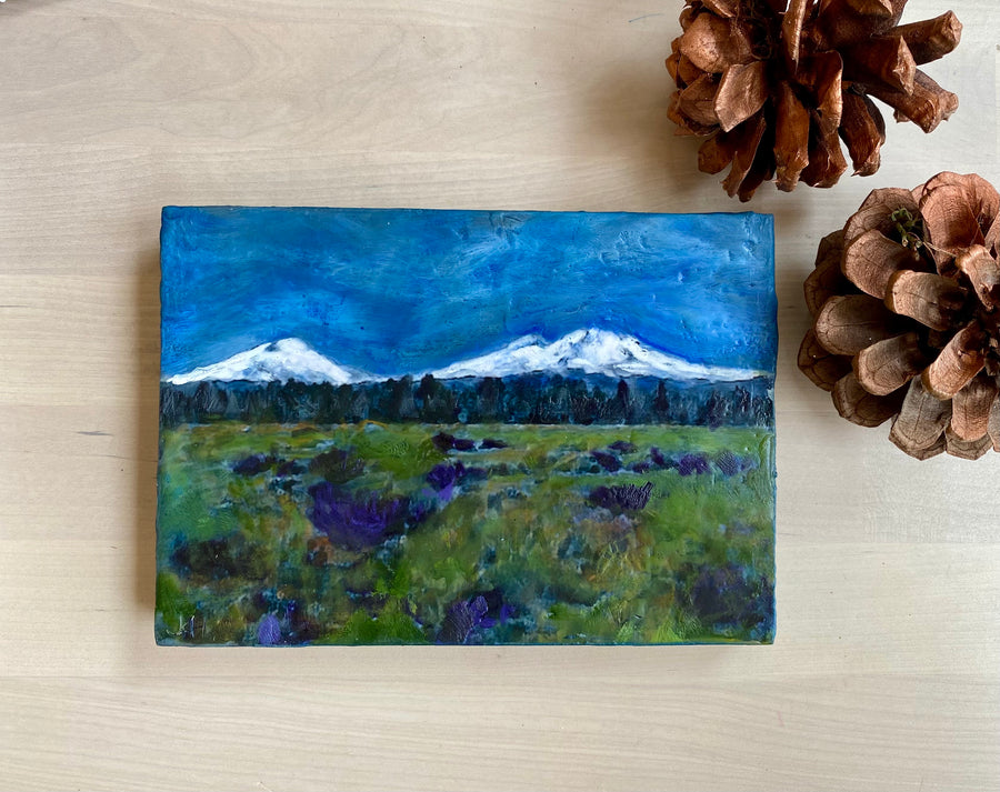 Encaustic painting of Three Sisters Mountains 5"x7"x.75"