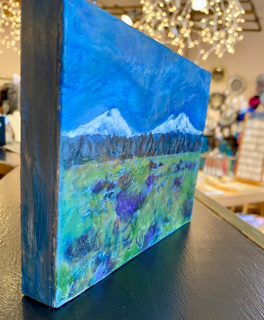 Encaustic painting of Three Sisters Mountains 5"x7"x.75"