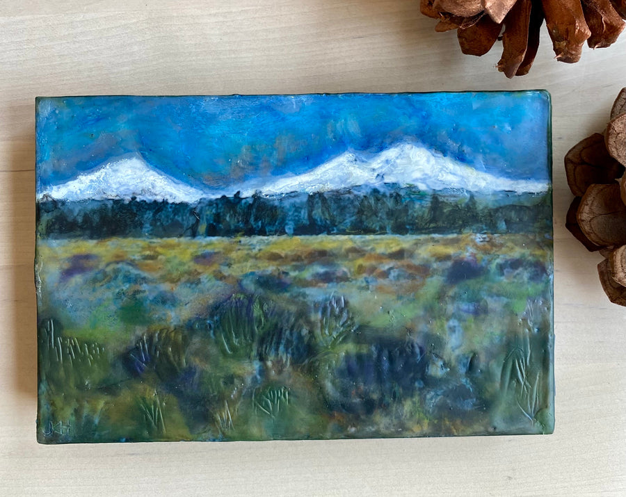 Encaustic painting Three Sisters Mountains 4"x6"x.75"