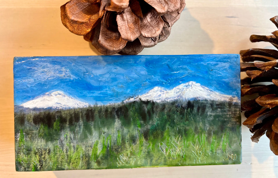 Encaustic painting of the Three Sisters, Sisters Oregon 6"x3"x1.5"