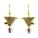 Hummingbird earrings with purple bead drop