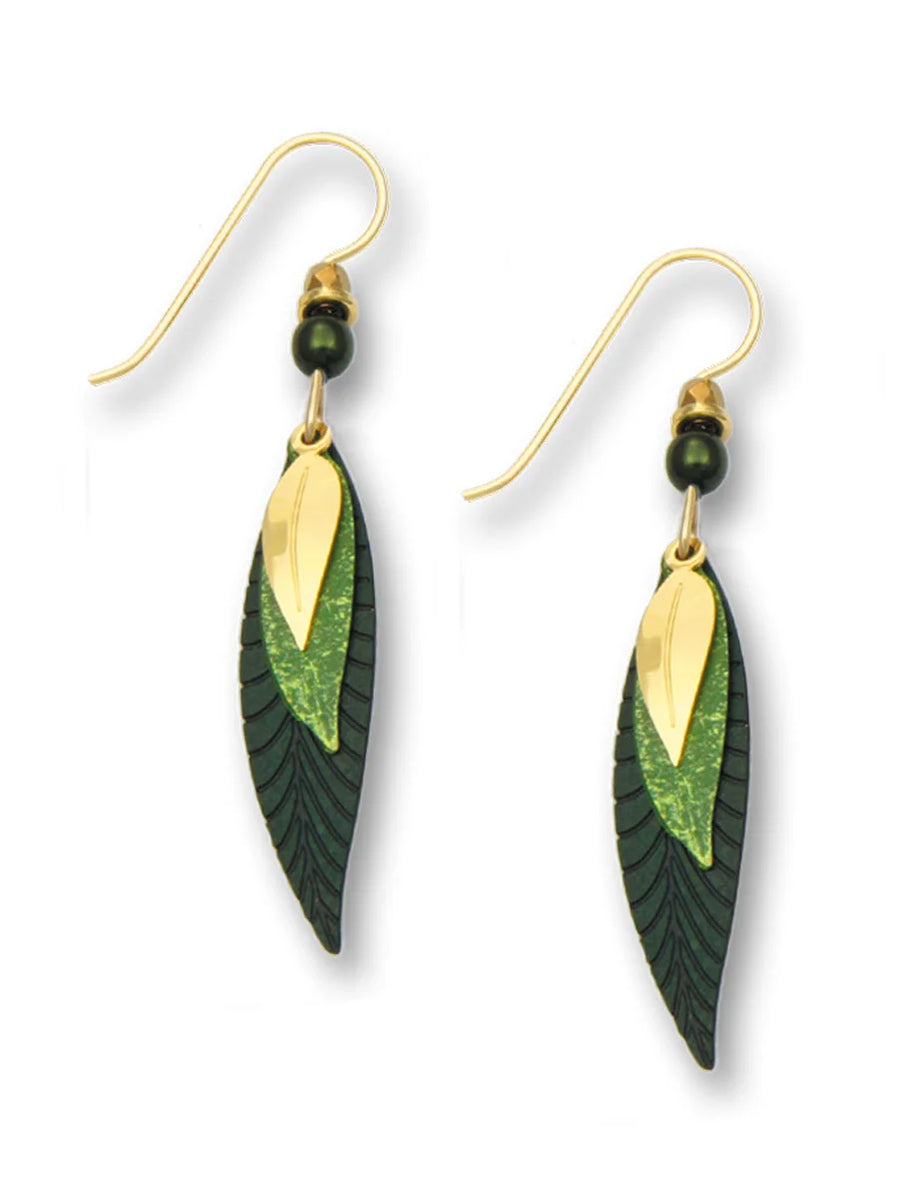 3-part Slender Gold and Green Leaves Earrings