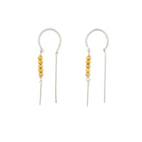 Beaded thread through earrings with bars and beads, sterling silver and gold