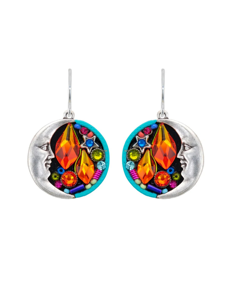 Mosaic Luna Earrings, with moon, stars and fiery crystals