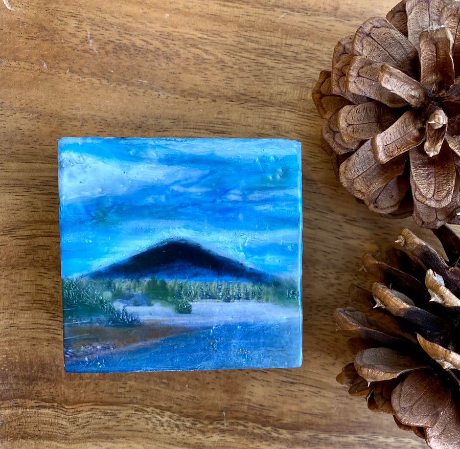 Encaustic painting of Black Butte #3 3x3x1.5"