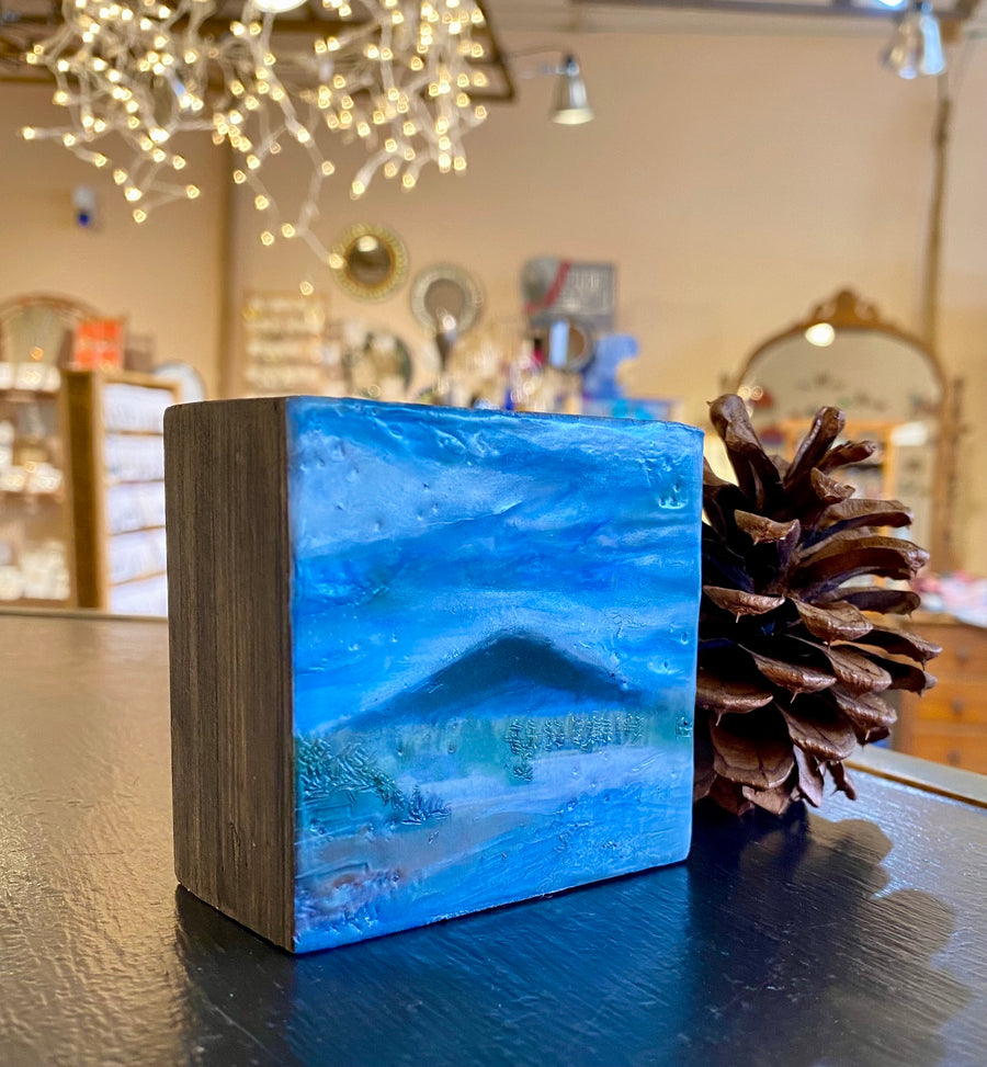 Encaustic painting of Black Butte #3 3x3x1.5"