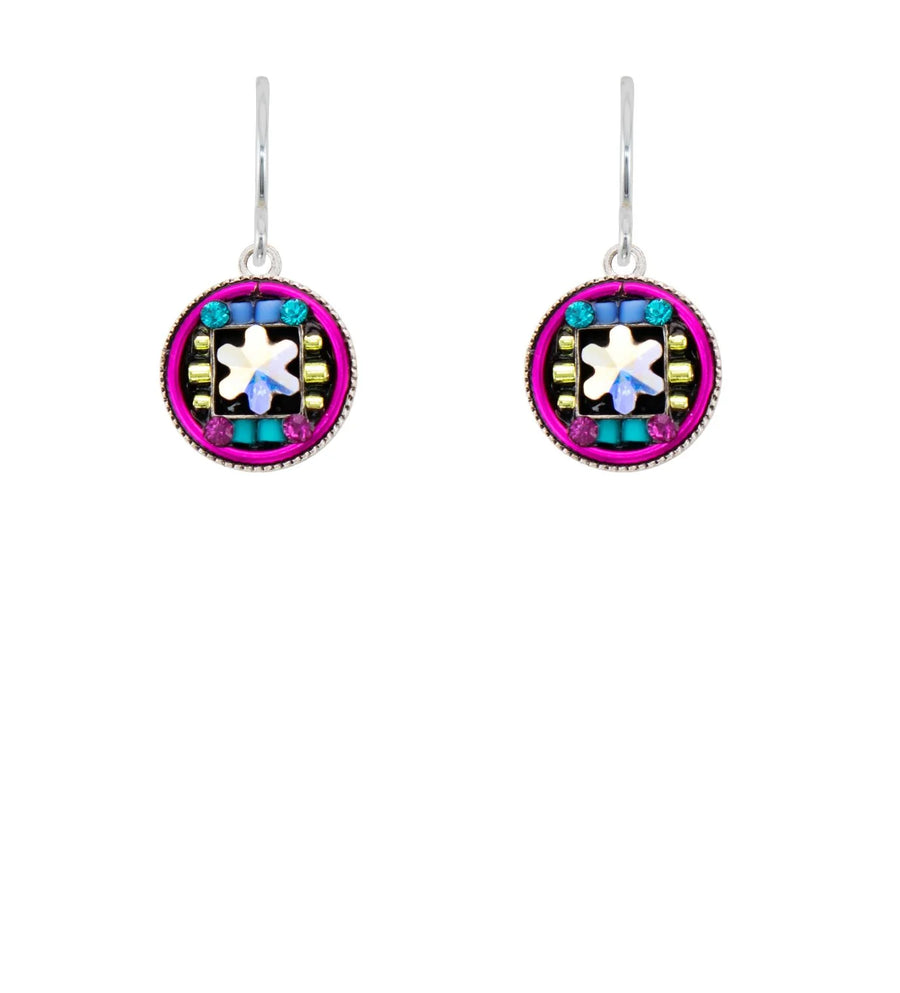 round mosaic earrings, fuchsia frame with iridescent star