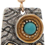 Rectangular multimetal "crafted" earring, copper, tq, flower