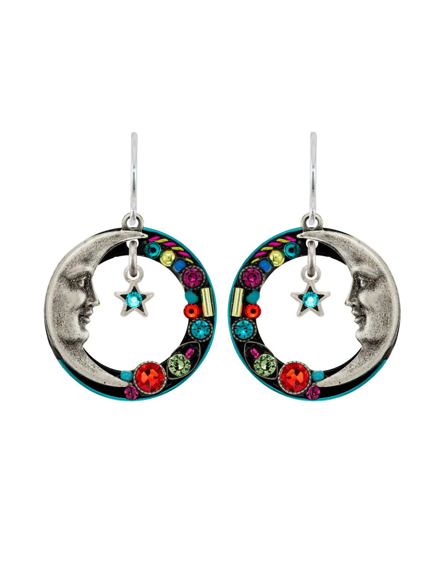 "Luna" open circle dangle crescent moon mosaic earrings