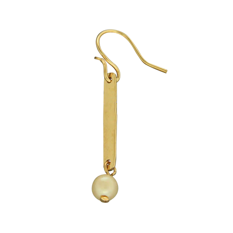 Narrow hammered bar dangle earrings with pearl bead drop,  gold or silver