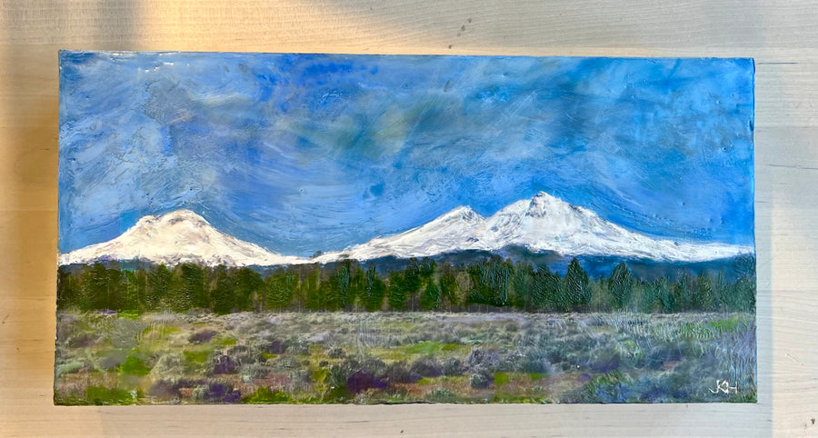 Encaustic Painting "Three Sisters" Sisters, Oregon 12"x6"x1.5"