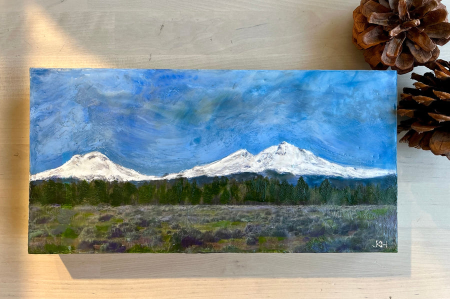 Encaustic Painting "Three Sisters" Sisters, Oregon 12"x6"x1.5"