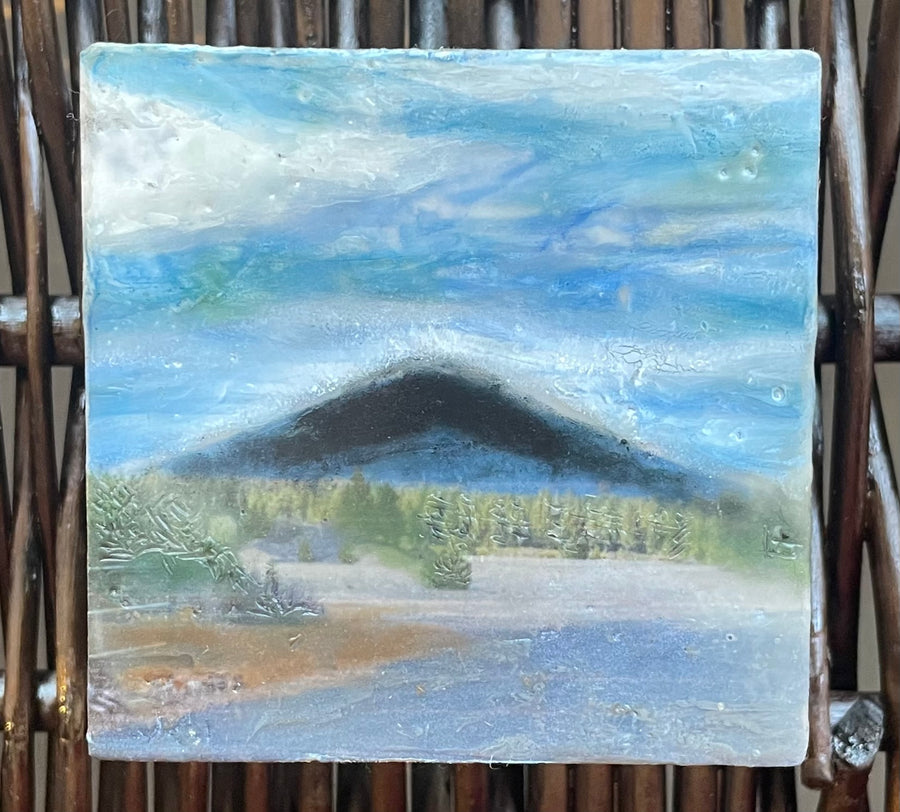 Encaustic painting of Black Butte #3 3x3x1.5"