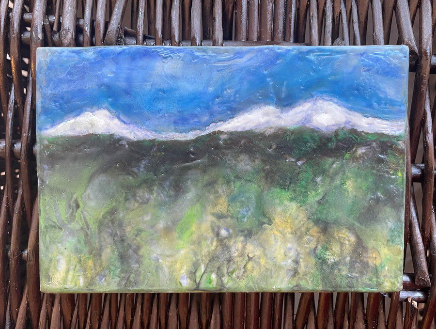 Encaustic painting of the Three Sisters Mountains, Sisters, Oregon 4x6