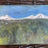 Encaustic painting Three Sisters Mountains with trees 7x5