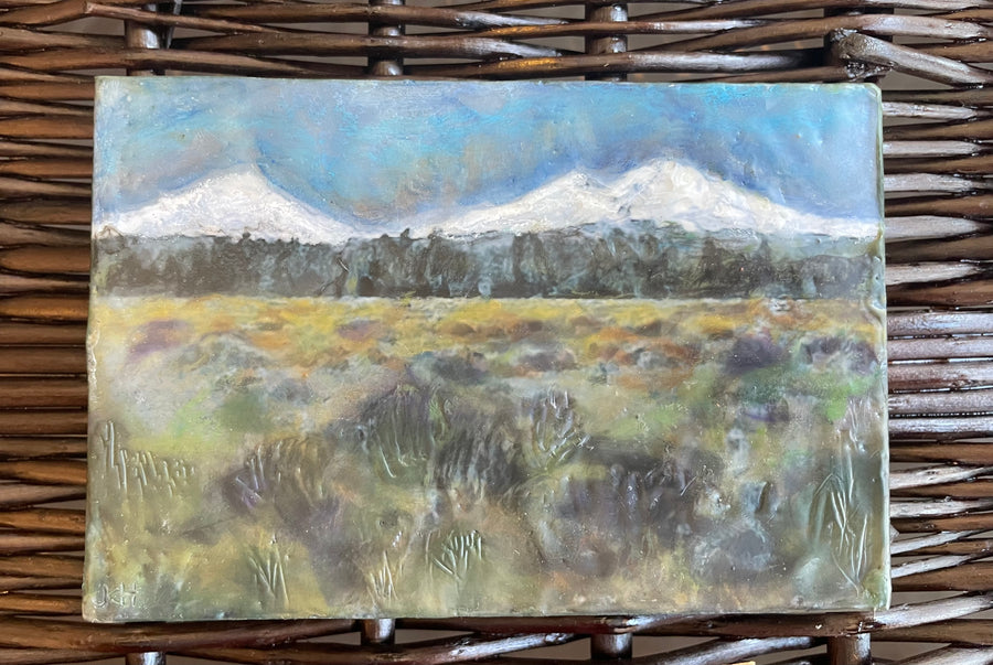 Encaustic painting Three Sisters Mountains 4"x6"x.75"