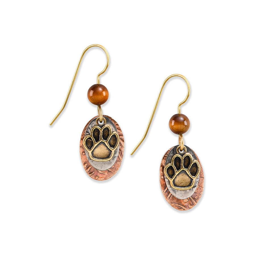 Mixed metal, layered paw print earrings, Silver Forest