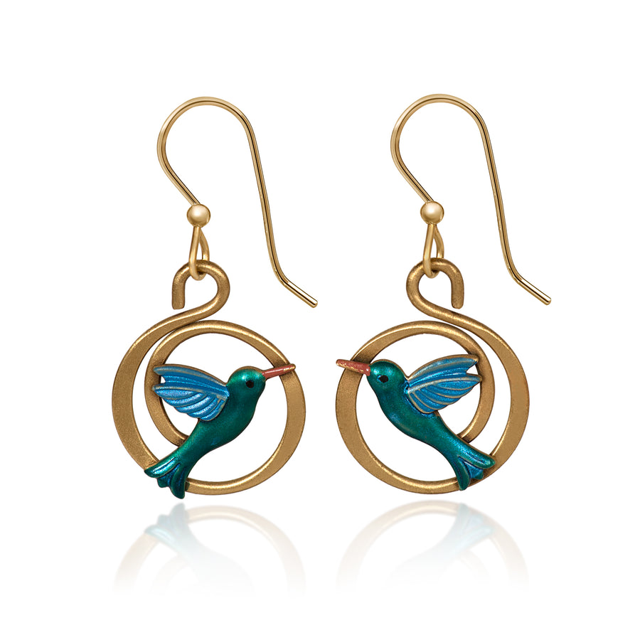 Blue Hummingbird in a spiral earrings, Silver Forest
