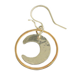 Crescent moon in wire circle dangle earrings, sterling silver or mixed gold and silver
