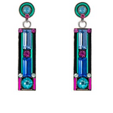 Architectural post earrings, light turquoise, blue and fuchsia crystal mosaics