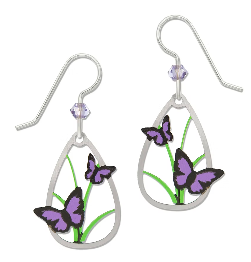 Purple butterflies in teardrop frame, dangle earrings