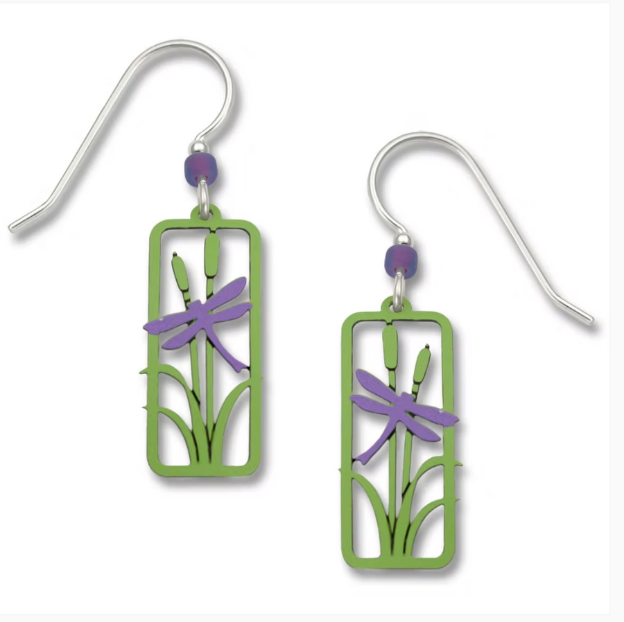 Purple dragonflies in green frame earrings