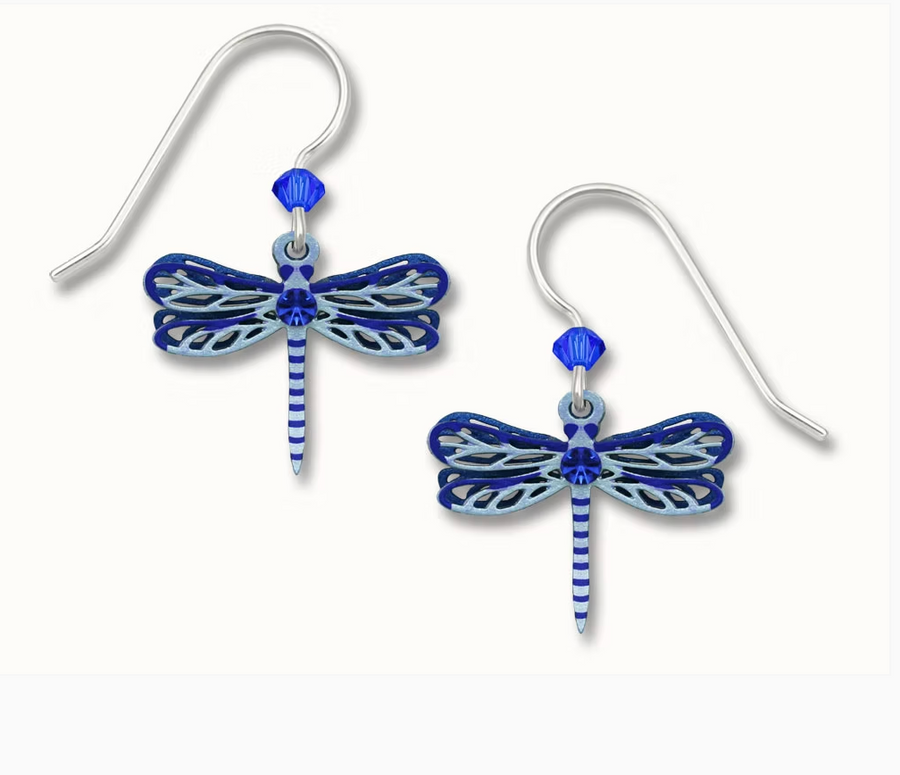 two part, two dimensional blue dragonfly earrings