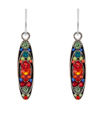 Sparkling long oval drop earrings, multi color mosaic