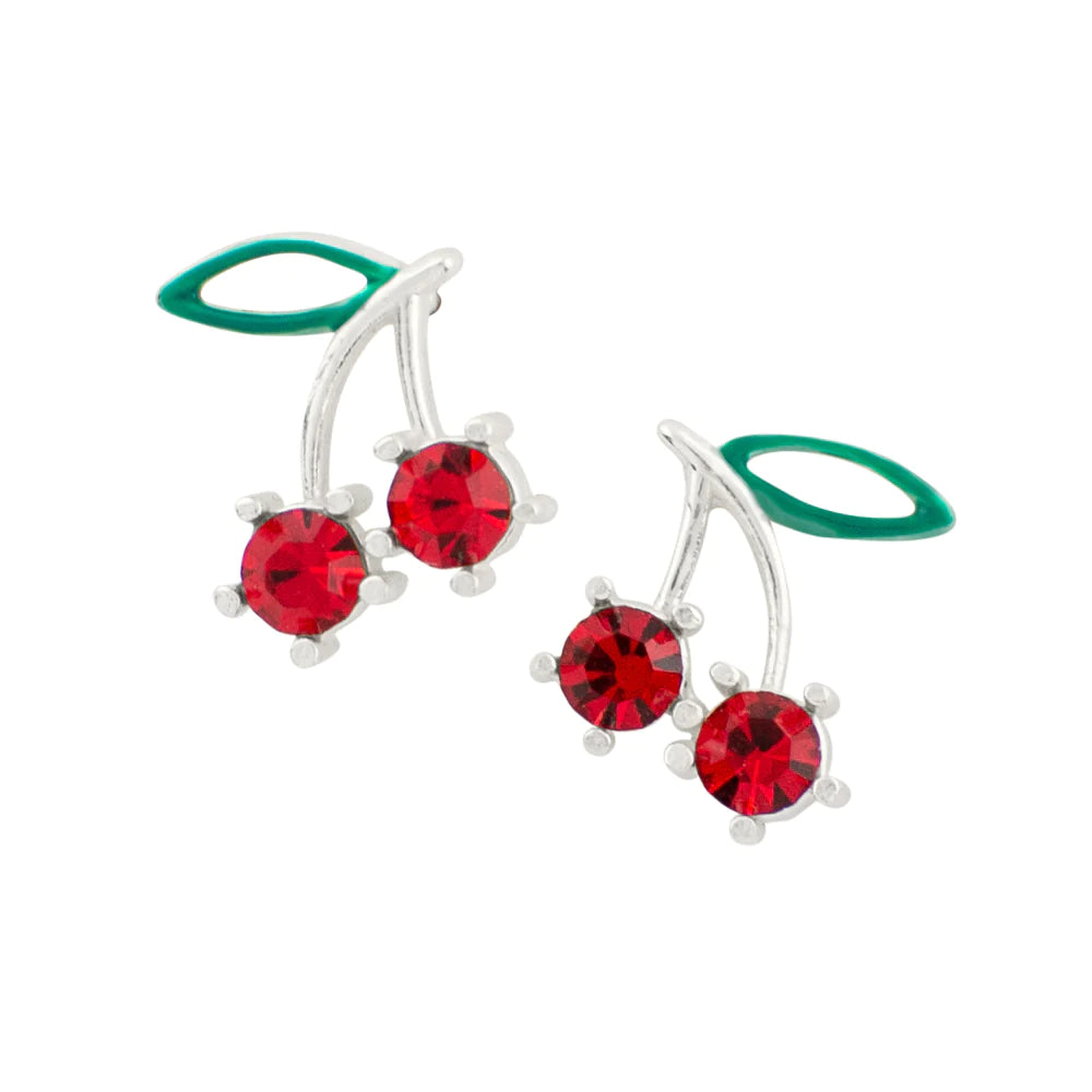 Cherry post earrings in crystal and enamel, sterling silver