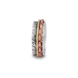 Narrow textured spinner ring, sterling patterned base, copper, brass spinners