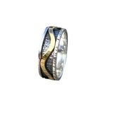 Spinner ring, textured, patinaed silver ring & brass wave spinner