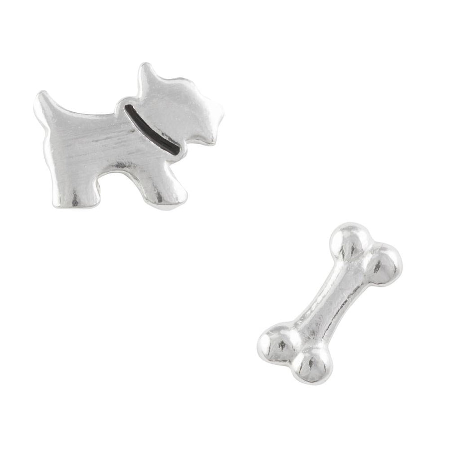 Mismatched scotty dog and bone earrings, sterling silver studs