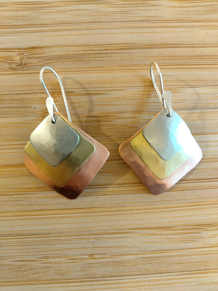 Layered copper, silver and brass triple diamond earrings