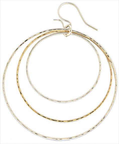 3 Hammered circle dangle earrings, mixed gold and silver or all silver
