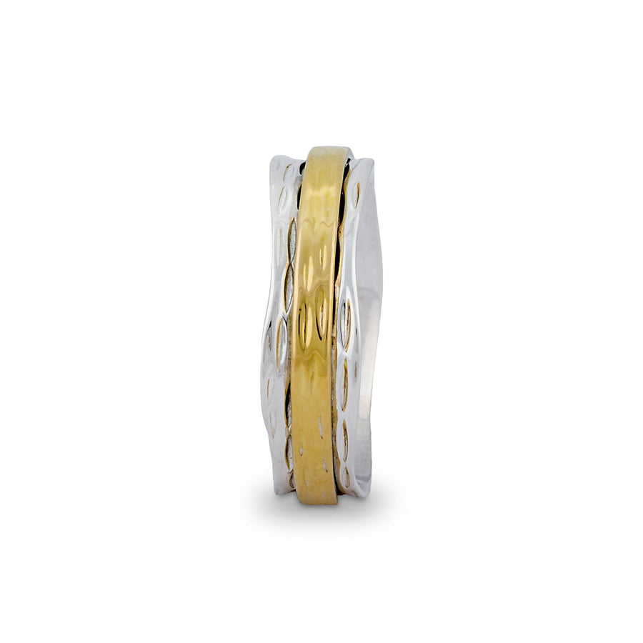 Spinner ring, hammered sterling silver ring with textured brass spinner.