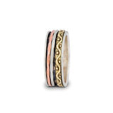 Spinner ring, silver with patterned and textured brass ,silver and copper spinners