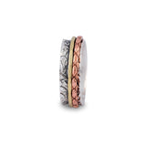 Spinner ring, textured, sterling silver with brass and copper spinners