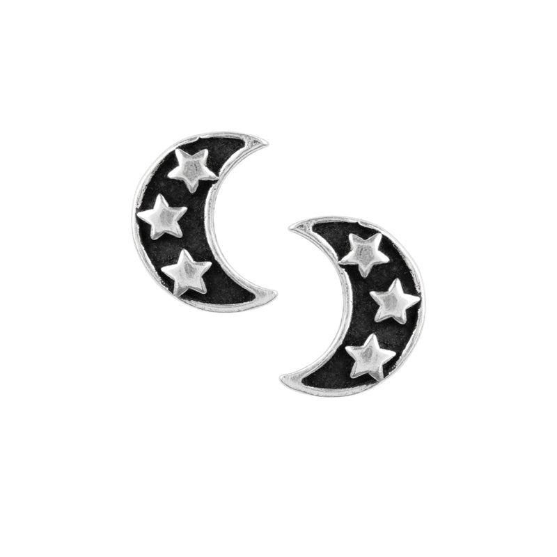 Black moon with stars earrings, sterling silver studs