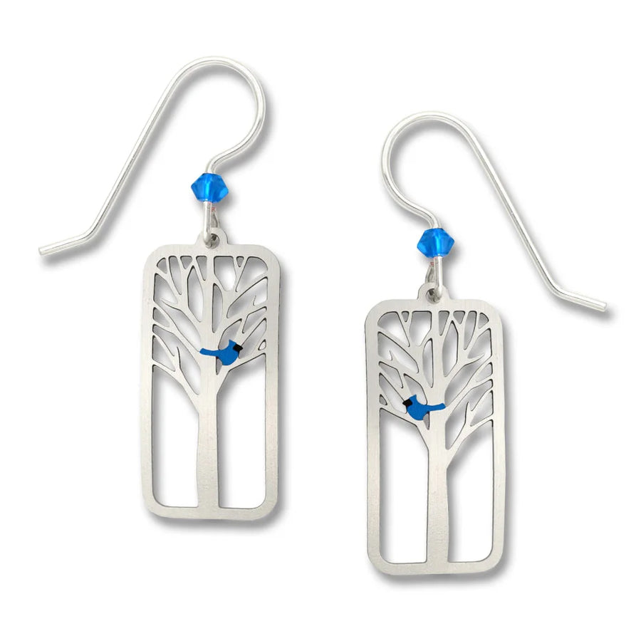 Blue Birds in Silver Tree Earrings